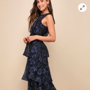 Lulu's Molinetto Navy Blue Lace Ruffled Tiered Sleeveless Maxi Dress